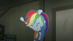 Size: 3410x1920 | Tagged: safe, screencap, rainbow dash, equestria girls, g4, my little pony equestria girls: rainbow rocks, clothes, cutie mark on clothes, eyes closed, female, high res, smiling, solo