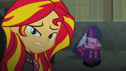 Size: 3410x1920 | Tagged: safe, screencap, sunset shimmer, twilight sparkle, equestria girls, g4, my little pony equestria girls: rainbow rocks, boots, clothes, cutie mark on clothes, eyes closed, female, high res, jacket, leather, leather jacket, shoes