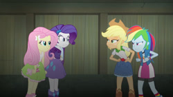 Size: 3410x1920 | Tagged: safe, screencap, applejack, fluttershy, rainbow dash, rarity, human, equestria girls, g4, my little pony equestria girls: rainbow rocks, angry, applejack's hat, belt, belt buckle, boots, bracelet, button-up shirt, clothes, collar, cowboy boots, cowboy hat, crossed arms, cutie mark on clothes, denim, denim skirt, female, freckles, frown, gritted teeth, hairpin, hand on hip, hat, high heel boots, high res, humane five, jacket, jewelry, leaning forward, narrowed eyes, ponytail, shirt, shoes, skirt, socks, stare down, t-shirt, tank top, teenager, teeth, vest