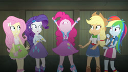 Size: 3410x1920 | Tagged: safe, screencap, applejack, fluttershy, pinkie pie, rainbow dash, rarity, equestria girls, g4, my little pony equestria girls: rainbow rocks, applejack's hat, belt, boots, bracelet, clothes, cowboy hat, cutie mark on clothes, denim skirt, female, hairpin, hat, high res, humane five, jewelry, nose in the air, open mouth, shoes, skirt