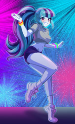 Size: 1024x1685 | Tagged: safe, artist:rileyav, sonata dusk, equestria girls, ass, belly button, blushing, booty shorts, breasts, butt, clothes, commission, cropped hoodie, daisy dukes, dancing, disco, eyebrows, eyebrows visible through hair, eyelashes, eyeshadow, female, glow rings, grin, legs, light show, makeup, midriff, ponytail, ripped shorts, sexy, shoes, short shirt, shorts, smiling, sneakers, solo, thighs, wristband