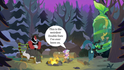 Size: 1280x720 | Tagged: safe, edit, edited screencap, screencap, cozy glow, lord tirek, queen chrysalis, centaur, changeling, changeling queen, ophiotaurus, pegasus, pony, taur, frenemies (episode), g4, campfire, chair, cocoon, double date, female, filly, food, implied chrysaurus, implied cozirek, implied shipping, male, marshmallow, speech bubble, stick