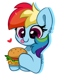 Size: 3856x4900 | Tagged: safe, artist:kittyrosie, rainbow dash, pegasus, pony, borgarposting, burger, cute, dashabetes, ear fluff, floating heart, food, hay burger, heart, heart eyes, licking, licking lips, simple background, solo, tongue out, white background, wingding eyes