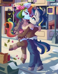 Size: 3214x4096 | Tagged: safe, artist:saxopi, rainbow dash, oc, oc:dopami korpela, semi-anthro, g4, arm hooves, building, canon x oc, clothes, coca-cola, commission, dopadash, female, flower, flower in hair, hug, leaves, male, paper bag, reunion, road sign, shipping, sign, straight, street, ych result