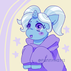Size: 1000x1000 | Tagged: safe, artist:funnyhat12, trixie, pony, unicorn, g4, abstract background, alternate hairstyle, babysitter trixie, blush sticker, blushing, clothes, cute, diatrixes, eyelashes, female, hoodie, horn, mare, open mouth, solo