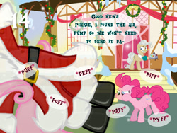 Size: 1280x960 | Tagged: safe, artist:bronybyexception, artist:cloudy glow, artist:maliciousbadger, fluttershy, mayor mare, pinkie pie, earth pony, pony, g4, 14, advent calendar, air pump, blowing, christmas, christmas decoration, dialogue, female, holiday, inflatable santa, mare, santa claus, snow, this will end in balloons, this will not end well