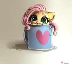Size: 3376x3008 | Tagged: safe, artist:miokomata, fluttershy, pegasus, pony, g4, coffee mug, cup, cup of pony, cute, daaaaaaaaaaaw, female, freckles, freckleshy, high res, hnnng, looking at you, mare, micro, miokomata is trying to murder us, mug, open mouth, shyabetes, smiling, smiling at you, smol, solo, weapons-grade cute