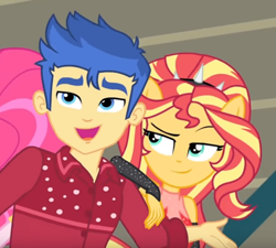Size: 654x589 | Tagged: safe, screencap, flash sentry, sunset shimmer, cheer you on, equestria girls, g4, my little pony equestria girls: better together, arm on shoulder, clothes, cropped, female, gloves, male, ponied up, ship:flashimmer, shipping, sleeveless, smug, straight, super ponied up