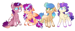 Size: 2864x1186 | Tagged: safe, artist:moccabliss, oc, oc only, oc:lavender moonbow, oc:lightning stripe, oc:sea storm, oc:stellaluna, earth pony, pegasus, pony, unicorn, g5, my little pony: a new generation, colored wings, colt, female, filly, magical lesbian spawn, male, nonbinary, offspring, parent:izzy moonbow, parent:sunny starscout, parent:zipp storm, simple background, transgender, transparent background, two toned wings, wings