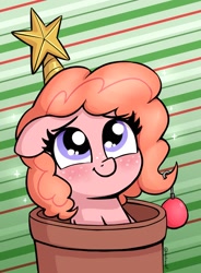 Size: 1242x1690 | Tagged: safe, artist:heretichesh, oc, oc only, oc:peachy keen, earth pony, pony, abstract background, christmas ornament, cute, decoration, female, filly, floppy ears, flower pot, freckles, ocbetes, smiling, solo
