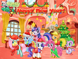 Size: 700x525 | Tagged: safe, artist:user15432, applejack, fluttershy, pinkie pie, rainbow dash, rarity, spike, twilight sparkle, dragon, earth pony, pegasus, pony, unicorn, g4, bell, candle, cardboard twilight, christmas, christmas lights, christmas ornament, christmas ornaments, christmas outfit, christmas ponies, christmas presents, christmas star, christmas tree, clothes, costume, cupcake, decoration, female, flash game, food, fynsy, happy new year, hat, holiday, holly, looking at you, mane seven, mane six, mare, merry christmas, present, santa costume, santa hat, shoes, snowman, stock vector, tree, unicorn twilight, winter, winter outfit