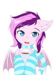 Size: 3200x4400 | Tagged: safe, artist:lunar froxy, oc, oc only, oc:plum taffy, bat pony, pony, cheek fluff, chest fluff, chocolate, clothes, cute, ear fluff, eyebrows, eyebrows visible through hair, food, hot chocolate, looking at you, male, scarf, simple background, socks, solo, stallion, striped socks, transparent background, wings