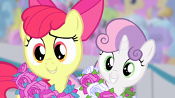 Size: 1920x1080 | Tagged: safe, screencap, apple bloom, sweetie belle, earth pony, pony, unicorn, flight to the finish, g4, season 4, apple bloom's bow, bow, duo, female, filly, foal, hair bow, looking at something, smiling