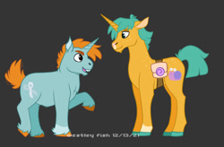 Size: 1280x840 | Tagged: safe, artist:quincydragon, snails, snips, pony, unicorn, g4, duo, duo male, headcanon in the description, looking at each other, looking at someone, male, older, older snails, older snips, open mouth, open smile, raised hoof, simple background, smiling, smiling at each other, stallion