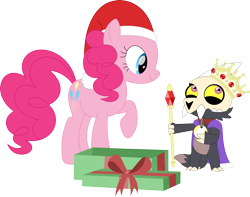 Size: 3567x2811 | Tagged: safe, artist:porygon2z, pinkie pie, earth pony, pony, titan, g4, broken horn, cape, christmas, clothes, collar, crossover, crown, duo, duo male and female, female, friendshipping, hat, high res, holiday, horn, jewelry, king, king clawthorne, male, mare, namesake, pet tag, pun, regalia, santa hat, show accurate, simple background, skull, the owl house, transparent background, vector, visual pun