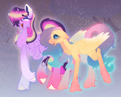 Size: 1902x1519 | Tagged: safe, artist:faunahoof, fluttershy, twilight sparkle, alicorn, pegasus, pony, pony town, g4, alternate design, blank flank, blushing, chest fluff, colored wings, ears back, fluffy, glowing, hoof fluff, laughing, multicolored eyes, multicolored hair, multicolored mane, multicolored tail, multicolored wings, spread wings, tail, tundra, twilight sparkle (alicorn), wings, winter