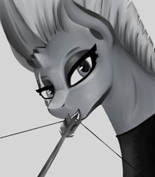 Size: 1127x1288 | Tagged: safe, artist:dsana, tempest shadow, pony, unicorn, g4, arrow, black and white, bow (weapon), bust, grayscale, monochrome, portrait, solo