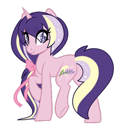 Size: 700x733 | Tagged: safe, artist:necrophilifox, oc, oc only, pony, unicorn, base used, bow, ethereal mane, eye clipping through hair, female, hair bow, horn, looking back, mare, simple background, smiling, solo, starry mane, transparent background, underhoof, unicorn oc