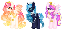 Size: 1280x601 | Tagged: safe, artist:fantarianna, princess cadance, princess celestia, princess luna, alicorn, pony, g4, colored wings, crown, eyelashes, female, jewelry, one eye closed, redesign, regalia, simple background, smiling, transparent background, two toned wings, wings, wink