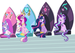 Size: 3232x2308 | Tagged: safe, artist:gihhbloonde, princess cadance, princess flurry heart, starlight glimmer, twilight sparkle, alicorn, pony, g4, alicorn thrones, alicornified, base used, ethereal mane, eyelashes, female, high res, mare, older, older flurry heart, peytral, race swap, simple background, sitting, starlicorn, starry mane, throne, white background, xk-class end-of-the-world scenario