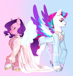 Size: 1708x1781 | Tagged: safe, artist:aztrial, pipp petals, zipp storm, pegasus, pony, g5, my little pony: a new generation, bowtie, clothes, dress, duo, female, royal sisters (g5), siblings, sisters, suit