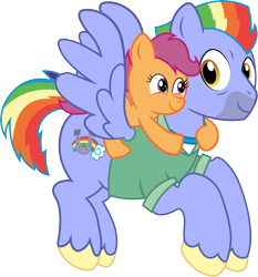 Size: 1779x1908 | Tagged: safe, artist:roman-santos, bow hothoof, scootaloo, pegasus, pony, g4, cute, cutealoo, duo, father and child, father and daughter, female, filly, male, ponies riding ponies, riding, scootadoption, scootaloo riding bow hothoof, scootalove, simple background, smiling, stallion, transparent background, unshorn fetlocks, wholesome