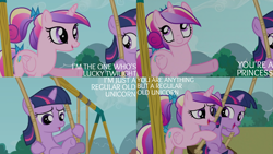 Size: 1280x720 | Tagged: safe, edit, edited screencap, editor:quoterific, screencap, princess cadance, twilight sparkle, alicorn, pony, unicorn, a canterlot wedding, g4, season 2, female, filly, filly cadance, filly twilight sparkle, foreshadowing, open mouth, open smile, smiling, unicorn twilight, younger