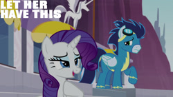 Size: 1280x720 | Tagged: safe, edit, edited screencap, editor:quoterific, screencap, rarity, soarin', pegasus, pony, unicorn, g4, rarity investigates, season 5, clothes, female, goggles, male, mare, open mouth, stallion, uniform, wonderbolts uniform