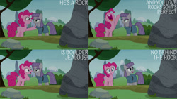 Size: 1280x720 | Tagged: safe, edit, edited screencap, editor:quoterific, screencap, maud pie, pinkie pie, earth pony, pony, g4, season 8, the maud couple, female, mare, nose in the air, open mouth, open smile, rock, smiling, uvula, volumetric mouth
