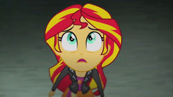 Size: 3410x1920 | Tagged: safe, screencap, sunset shimmer, equestria girls, g4, my little pony equestria girls: rainbow rocks, clothes, cutie mark on clothes, female, high res, jacket, leather, leather jacket, open mouth, solo