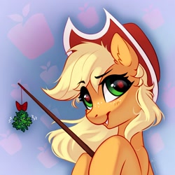 Size: 1500x1500 | Tagged: safe, artist:taneysha, applejack, earth pony, pony, g4, bow, cheek fluff, christmas, cute, cutie mark eyes, ear fluff, fishing rod, freckles, holiday, hoof hold, jackabetes, mistletoe, smiling, solo, stick, wingding eyes