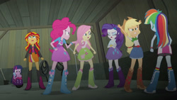 Size: 3410x1920 | Tagged: safe, screencap, applejack, fluttershy, pinkie pie, rainbow dash, rarity, sunset shimmer, twilight sparkle, human, equestria girls, g4, my little pony equestria girls: rainbow rocks, applejack's hat, argument, belt, bracelet, clothes, cowboy hat, crossed arms, cutie mark on clothes, denim skirt, eyes closed, female, hat, high res, humane five, humane seven, humane six, jacket, jewelry, leather, leather jacket, open mouth, skirt