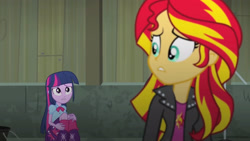 Size: 3410x1920 | Tagged: safe, screencap, sunset shimmer, twilight sparkle, equestria girls, g4, my little pony equestria girls: rainbow rocks, boots, clothes, cutie mark on clothes, female, high res, jacket, leather, leather jacket, shoes