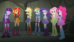 Size: 3410x1920 | Tagged: safe, screencap, applejack, fluttershy, pinkie pie, rainbow dash, rarity, sunset shimmer, twilight sparkle, human, equestria girls, g4, my little pony equestria girls: rainbow rocks, applejack's hat, belt, boots, bracelet, clothes, cowboy hat, cutie mark on clothes, denim skirt, eyes closed, female, hairpin, hat, high res, humane five, humane seven, humane six, jacket, jewelry, leather, leather jacket, shoes, skirt