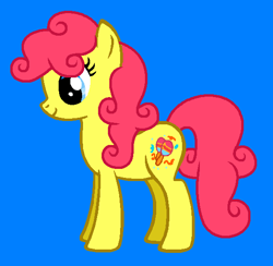 Size: 559x545 | Tagged: safe, artist:tommyboy68, fiesta flair, earth pony, pony, g3, g4, blue background, curly hair, cute, female, fiestabetes, g3 to g4, generation leap, mare, ms paint, needs more saturation, simple background, smiling, solo