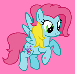 Size: 451x449 | Tagged: safe, artist:tommyboy68, thistle whistle, pegasus, pony, g3, g4, cute, female, flying, g3 to g4, generation leap, heart, hoof heart, mare, pink background, simple background, smiling, solo, thistle whistle can fly, thistlebetes