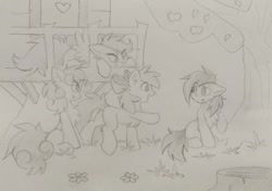 Size: 1024x722 | Tagged: safe, artist:kejifox, apple bloom, scootaloo, sweetie belle, earth pony, pegasus, pony, unicorn, g4, apple, apple tree, chest fluff, cutie mark crusaders, traditional art, tree, tree stump