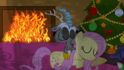 Size: 1280x720 | Tagged: safe, artist:mlplary6, discord, fluttershy, draconequus, pegasus, pony, g4, christmas, christmas tree, female, fire, fireplace, holiday, male, ship:discoshy, shipping, straight, tree