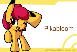 Size: 1280x853 | Tagged: source needed, safe, artist:arielsbx, apple bloom, pikachu, g4, ikue otani, japanese, looking at you, one eye closed, pikabloom, pokefied, pokémon, solo, voice actor joke, wink