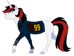 Size: 2250x1700 | Tagged: safe, artist:uunicornicc, oc, oc only, oc:blackjack, pony, unicorn, fallout equestria, fallout equestria: project horizons, clothes, female, jumpsuit, mare, pipbuck, simple background, solo, vault security armor, vault suit, white background