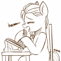 Size: 1450x1450 | Tagged: safe, artist:maren, sunny starscout, earth pony, pony, g5, my little pony: a new generation, book, eyes closed, monochrome, open mouth, simple background, sketch, solo, table, yawn