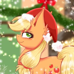 Size: 1280x1280 | Tagged: safe, artist:galaxy swirl, applejack, earth pony, pony, g4, christmas, cute, eye clipping through hair, eyebrows, eyebrows visible through hair, female, freckles, happy, hat, holiday, jackabetes, light, looking at you, mare, santa hat, smiling, smiling at you, solo