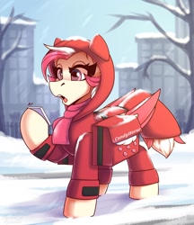 Size: 1900x2200 | Tagged: safe, artist:shadowreindeer, oc, oc only, oc:candy rain, pegasus, pony, bag, cellphone, city, clothes, commission, delivery pony, female, jacket, mare, open mouth, phone, saddle bag, scarf, smartphone, snow, solo, winter, ych result