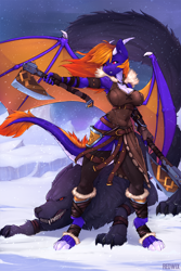 Size: 3000x4500 | Tagged: safe, artist:redwix, oc, oc:violet flare, dracony, dragon, hybrid, wolf, anthro, axe, big breasts, breasts, clothes, female, female oc, horns, snow, snowfall, weapon, wings