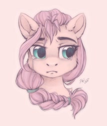 Size: 1105x1295 | Tagged: safe, artist:vird-gi, sunny starscout, earth pony, pony, g5, my little pony: a new generation, braid, bust, crying, eyebrows, female, hairclip, mare, portrait, sad, signature, simple background, solo, teary eyes