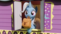 Size: 3840x2160 | Tagged: safe, artist:xppp1n, trixie, pony, unicorn, g4, to where and back again, 3d, bag, cute, diatrixes, eyelashes, female, high res, horn, mare, mouth hold, saddle bag, scene interpretation, shadow, solo, tail, to saddlebags and back again, trixie's wagon, wagon