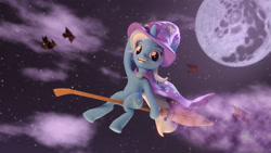 Size: 3840x2160 | Tagged: safe, artist:xppp1n, trixie, pony, unicorn, g4, 3d, broom, cape, clothes, cute, diatrixes, flying, flying broomstick, hat, high res, horn, mare in the moon, moon, solo, tail, trixie's cape, trixie's hat