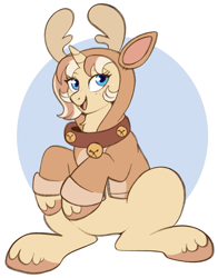 Size: 1041x1326 | Tagged: safe, artist:lulubell, oc, oc only, oc:lulubell, deer, pony, reindeer, unicorn, animal costume, clothes, costume, female, freckles, happy, hoodie, mare, open mouth, open smile, reindeer costume, smiling, solo, unshorn fetlocks