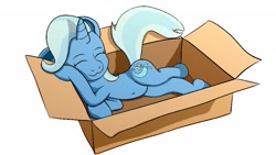 Size: 1920x1080 | Tagged: safe, artist:xppp1n, trixie, pony, unicorn, :3, backwards cutie mark, belly button, box, cute, diatrixes, eyelashes, eyes closed, female, horn, mare, pony in a box, sleeping, solo, tail