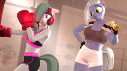 Size: 816x459 | Tagged: safe, artist:arrell, limestone pie, marble pie, earth pony, anthro, art pack:buff and tough, g4, 3d, abs, belly button, boxing gloves, clothes, female, fingerless gloves, gloves, hand, headgear, liftstone pump, midriff, muscles, muscular female, standing, tail